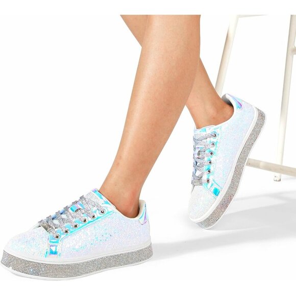 LUCKY STEP Womens White Glitter Sneakers Sparkly Bedazzled Wedding Bridal Shoes - Picture 6 of 9